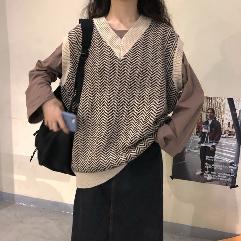 Sweater Vest Women Korean Style Casual V-neck Patchwork Jacquard Jumpers Streetwear Ladies Soft Retro All-match: apricot / XL
