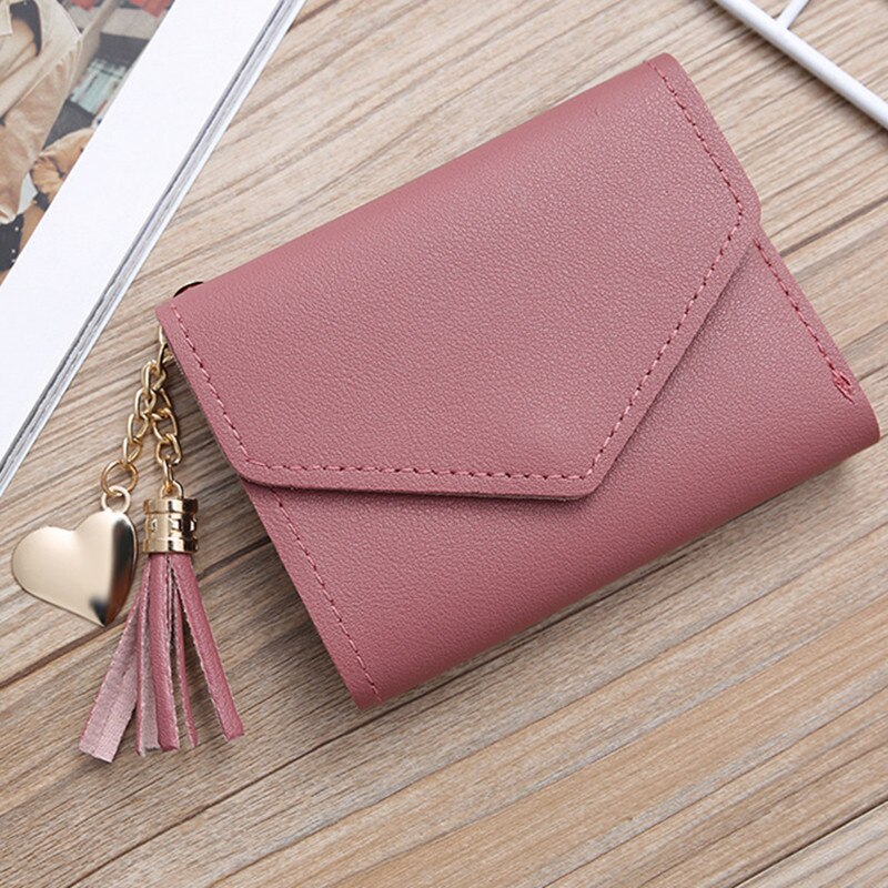 Women's Wallet Cute Student Tassel Pendant Short Wallet Trend Small PU Wallet Coin Purse Ladies Card Bag For Women: dark pink