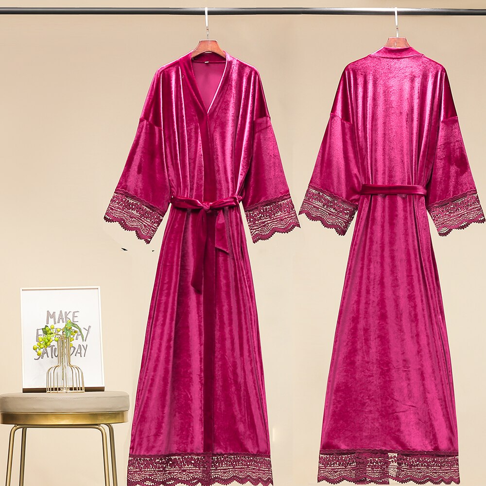 Długi jednokolorowy aksamitny szlafrok dla kobiet szata druhna szaty koronki wykończenia aksamitna szlafrok kimono suknia ślubna czarny aksamit winterrobe: burgundia