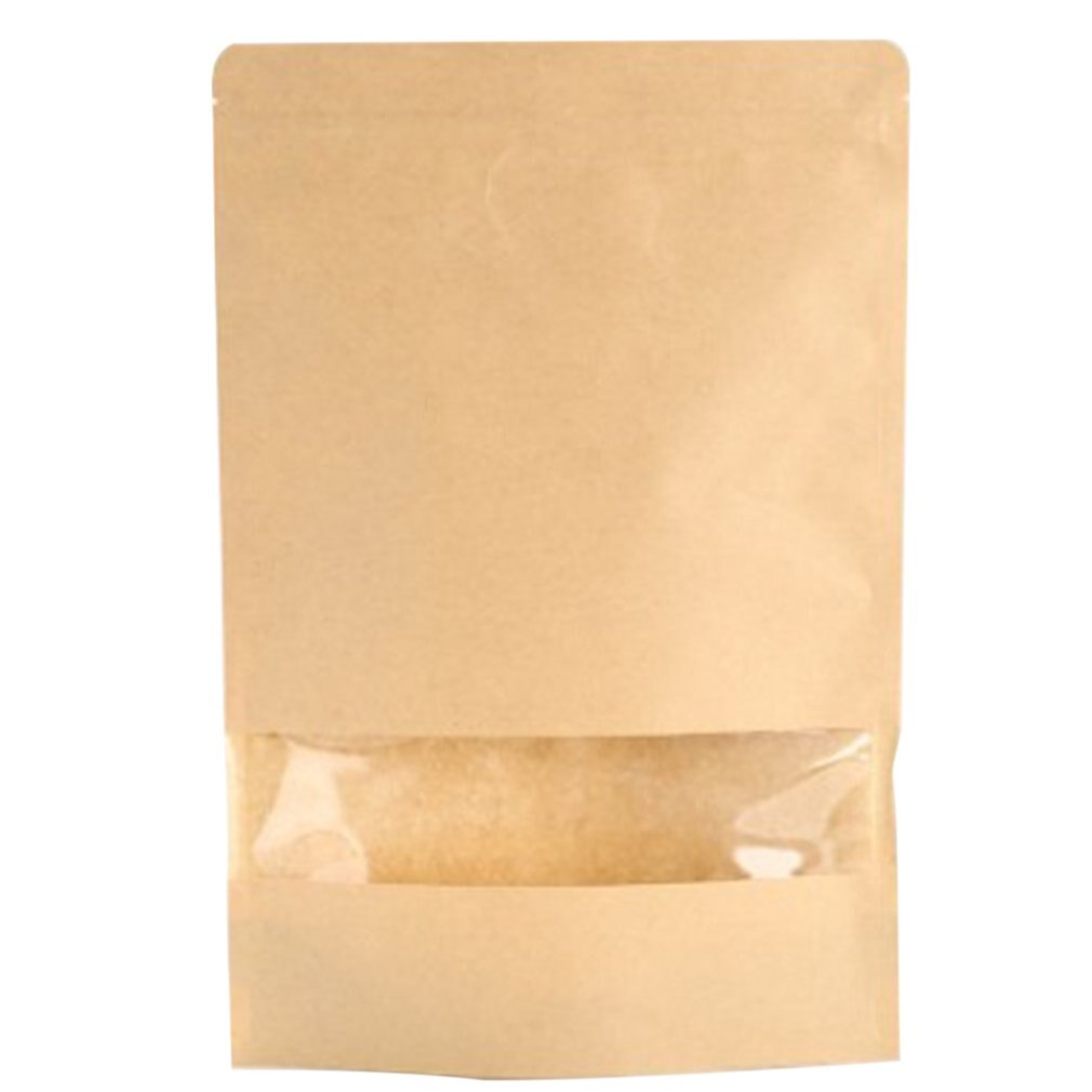 Reusable Kraft Paper Bag with Frosted Window Stand Up Pouch Bag with Tear Notch Moisture Proof Packaging