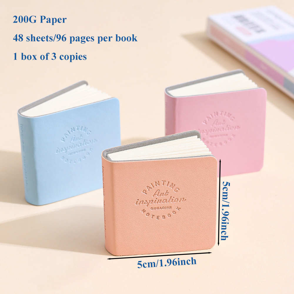 3Pcs 50x50mm Pocket Drawing Book blanks Water color Thick Paper Mini Sketchbook 200g 48sheets Marker Painting Paper Art Supplies: Light  Blue