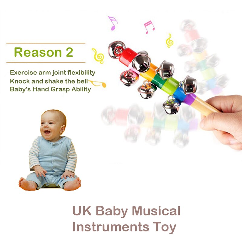 1 pc Wooden Stick 10 Jingle Bells Rainbow Hand Shake Bell Rattles Baby Kids Children Educational Toy