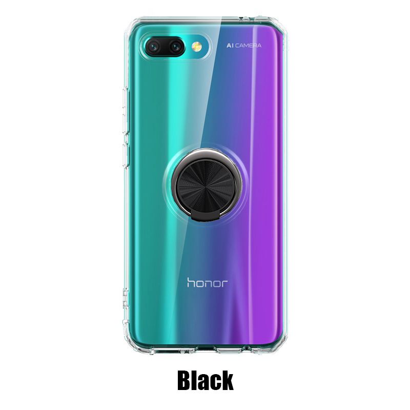 Voor Huawei Honor 10 Luxe Magneet Metalen Ring Standhouder Cases Voor Huawei Honor 10 Clear Silicone Cover Funde Coque: Zwart