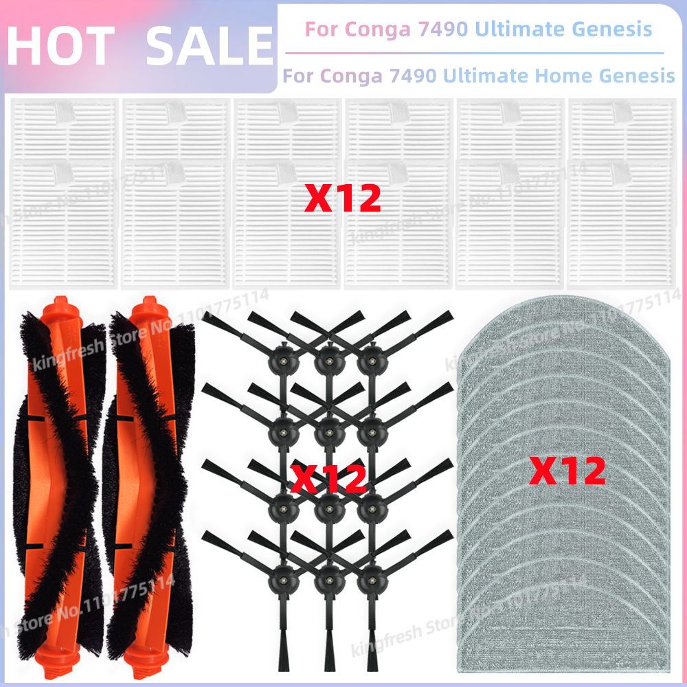 Compatible con ( Cecotec Conga 7490 Ultimate Home Genesis/ X-treme, Airzeen V8 pro ) Piezas: Rodillo Principal, Cepillo Lateral, Filtro HEPA, Paño de Limpieza, Bolsa para Polvo: Rojo