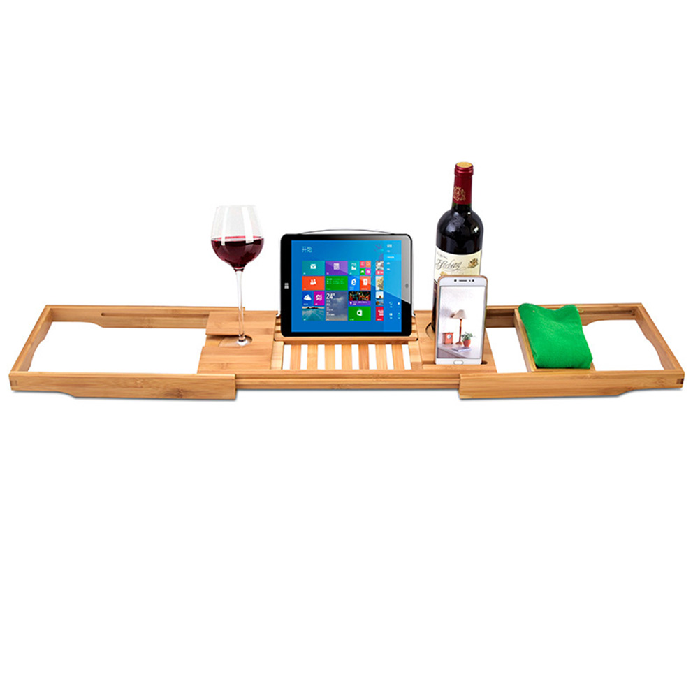 Bamboo Bathtub Tray with Extending Sides Reading Rack Tablet Holder Cellphone Tray and Wine Glass Holder Luxury in the Bath A30