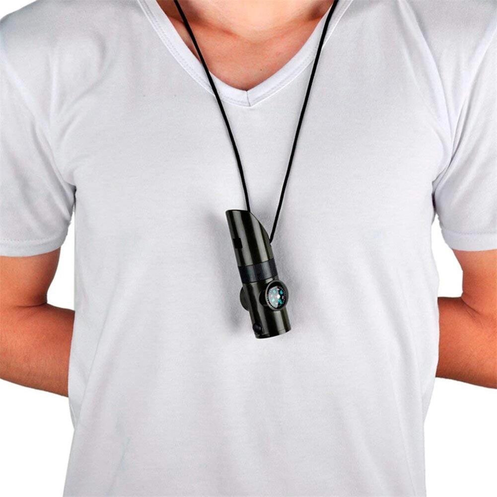 Function Whistle Survival Emergency Green Tool with Thermometer Compass LED Light Magnifier Mirror for Camping Hiking Outdoor