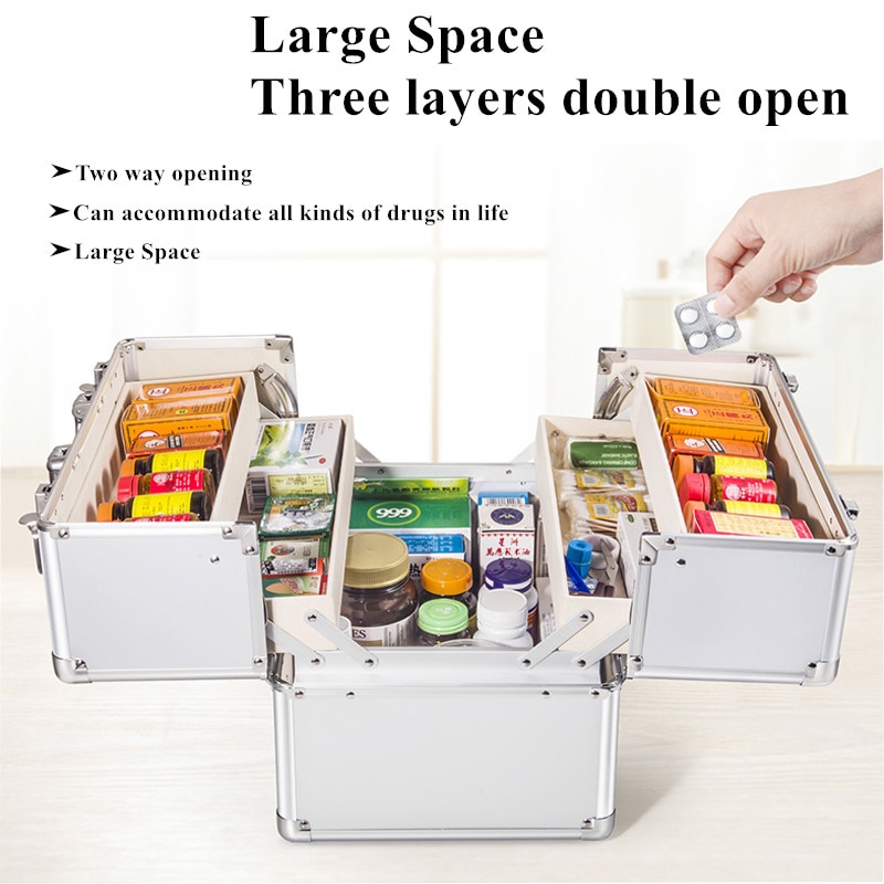 Large Space Lockable First Aid Box Security Lock Medicine Storage with Portable Handle 3 Tier Silver