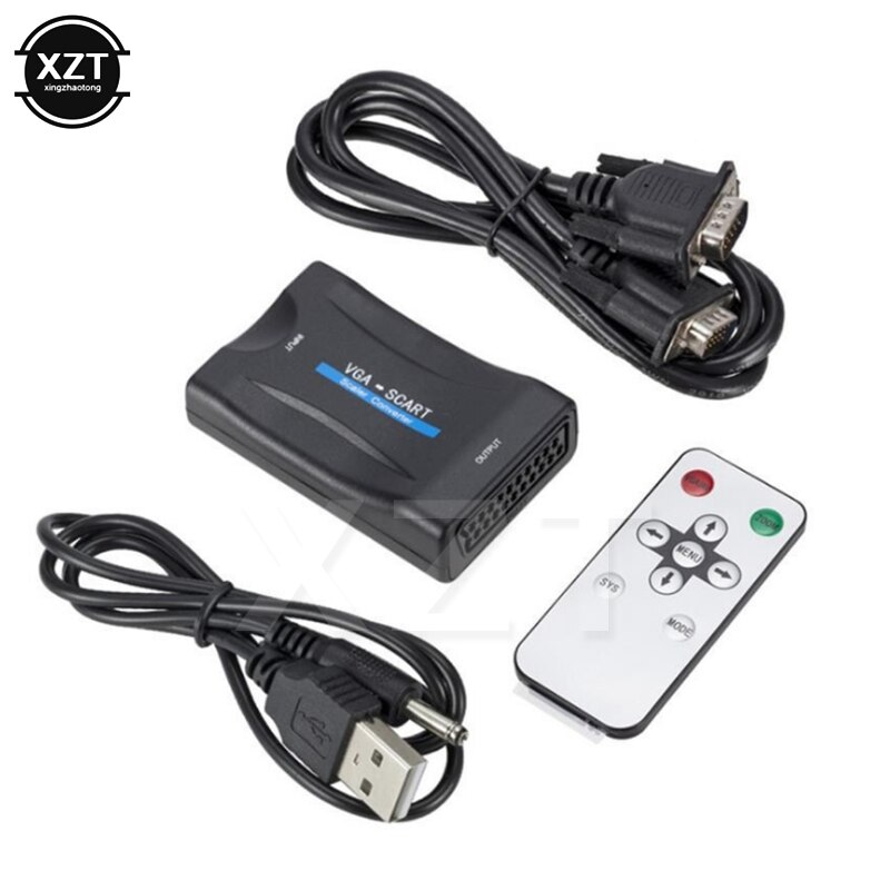 1pcs vga para scart conversor de áudio e vídeo conversor adaptador para tv sinalização adaptador conector com controle remoto