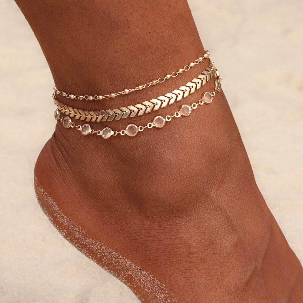 Vienkim 3Pcs/lot Crystal Sequins Anklet Set Beach Foot jewelry Vintage Ankle Bracelets For Women Summer Jewelry Party