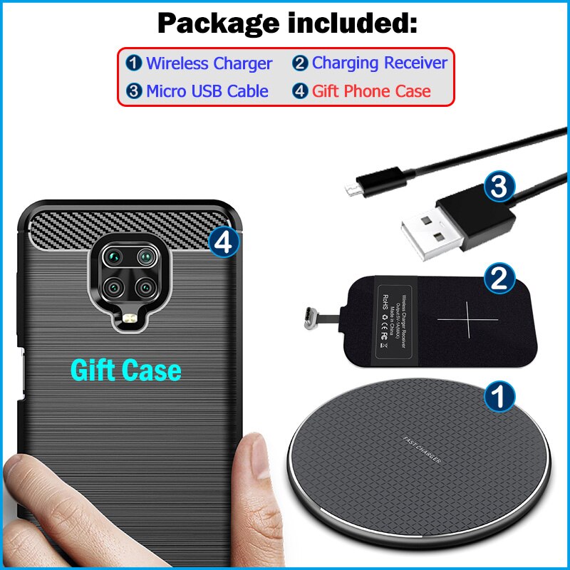 Carregamento sem fio para xiaomi redmi nota 9 pro 6.67 qi qi qi carregador sem fio instalar tipo c adaptador de carregamento receptor presente tpu caso: Wireless Charger Kit