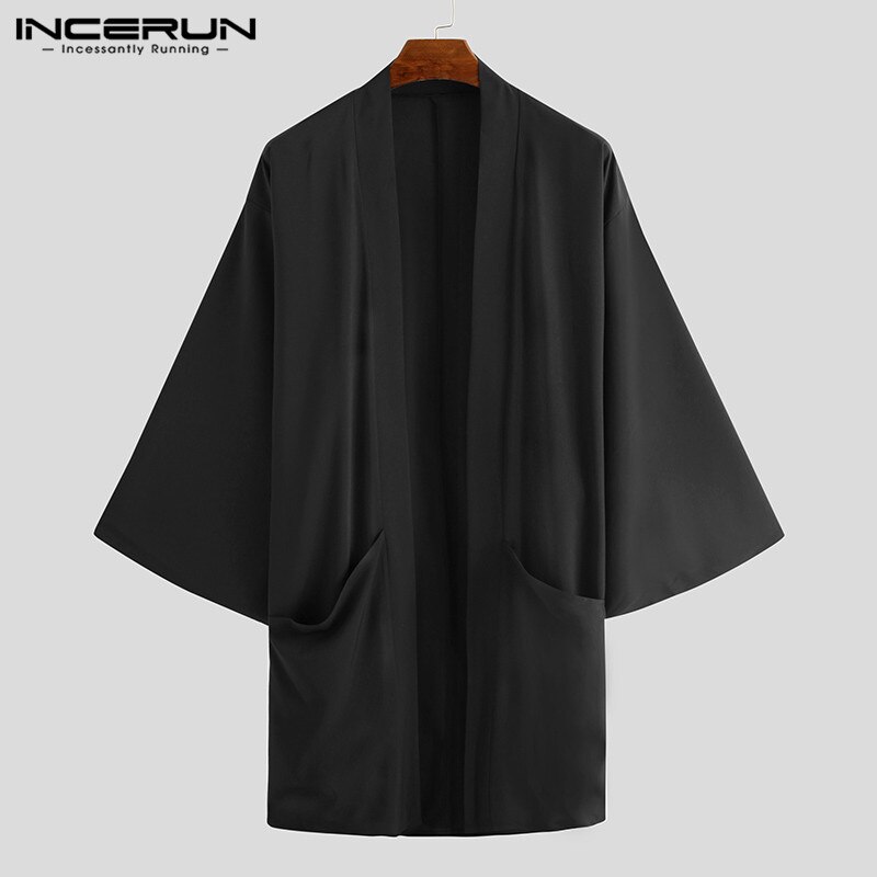Incerun mænd sort cardigan skjorte afslappet åben søm outwear mand trench langærmet lange frakker japansk stil yukata toppe: Default Title