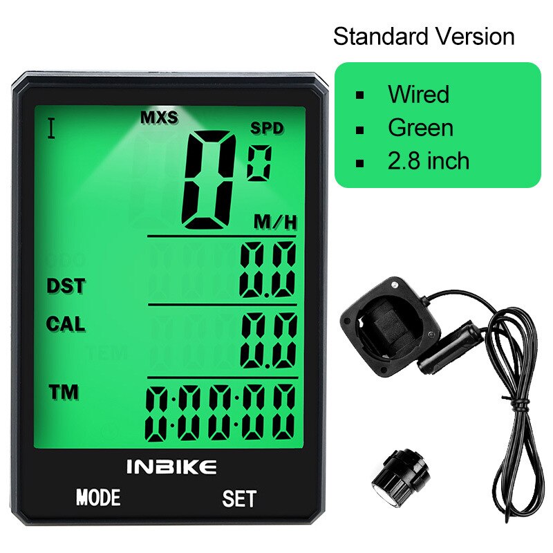CX-9 Bike Computer Bicycle Speedometer Wireless Wired Bicycle Odometer Speedometer Cycling Stopwatch 2.8 inch giant screen: Wired green light