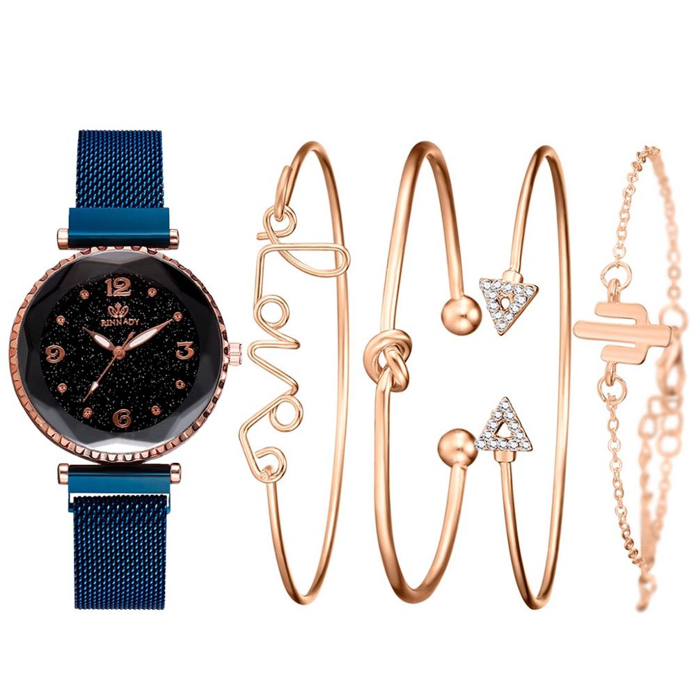 5 pièce/ensemble de luxe femmes montres ciel étoilé aimant boucle Bracelet montre-Bracelet chiffre romain Simple horloge: Bleu
