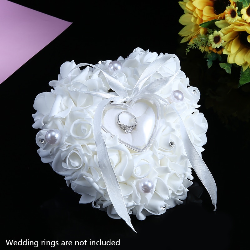 1pc elfenben satin blomst ringbærer pude vielsesring bærer pudeholder hjerteformet til at foreslå bryllupsfest forsyninger