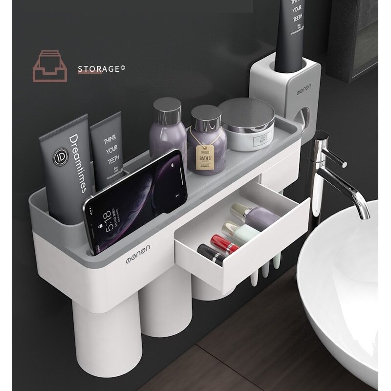 Magnetische Tandenborstel Houder Met Tandpasta Knijper Met Cups Voor 2/3 Personen In Badkamer Opbergrek Nail Gratis Mount