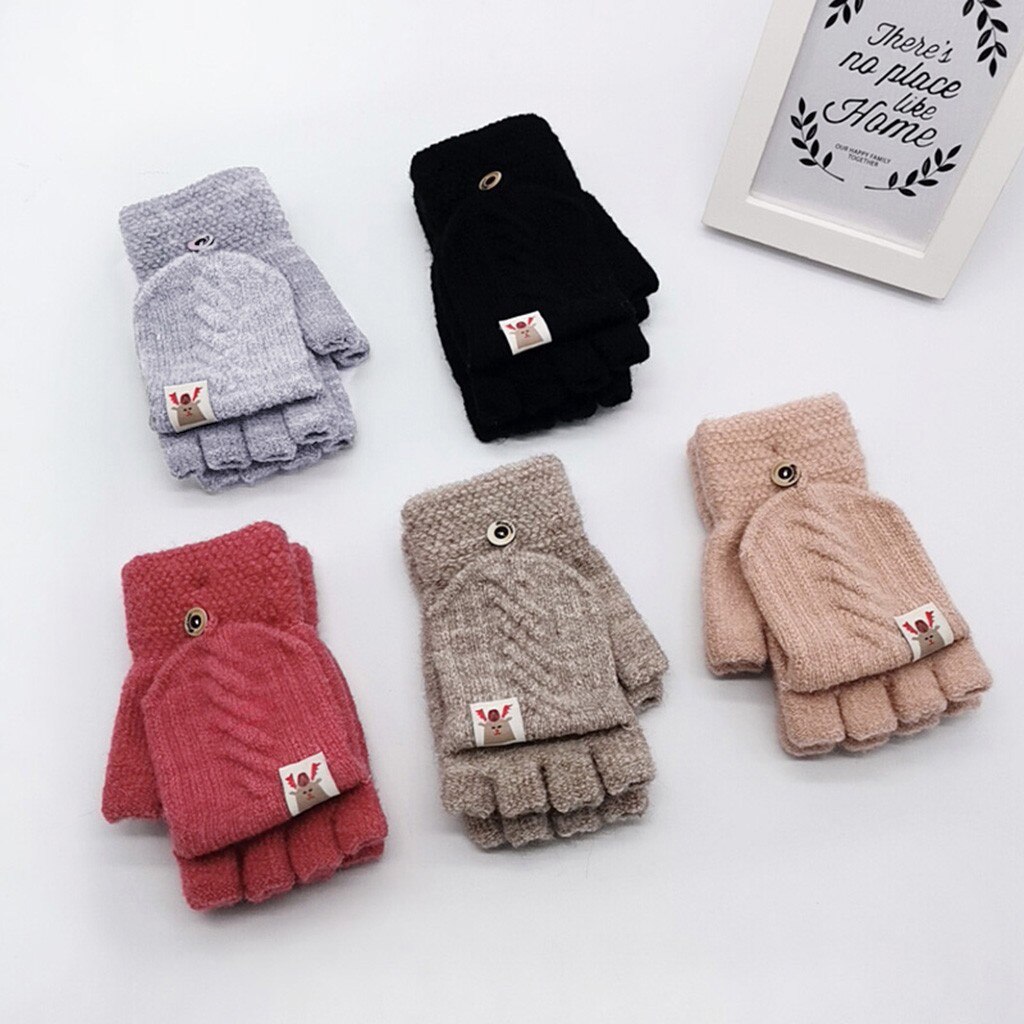 Winter Kids Warm Gebreide Effen Wanten Handschoenen Kinderen Jongens Meisjes Convertible Flip Top Vingerloze Handschoenen Baby Kerstcadeaus