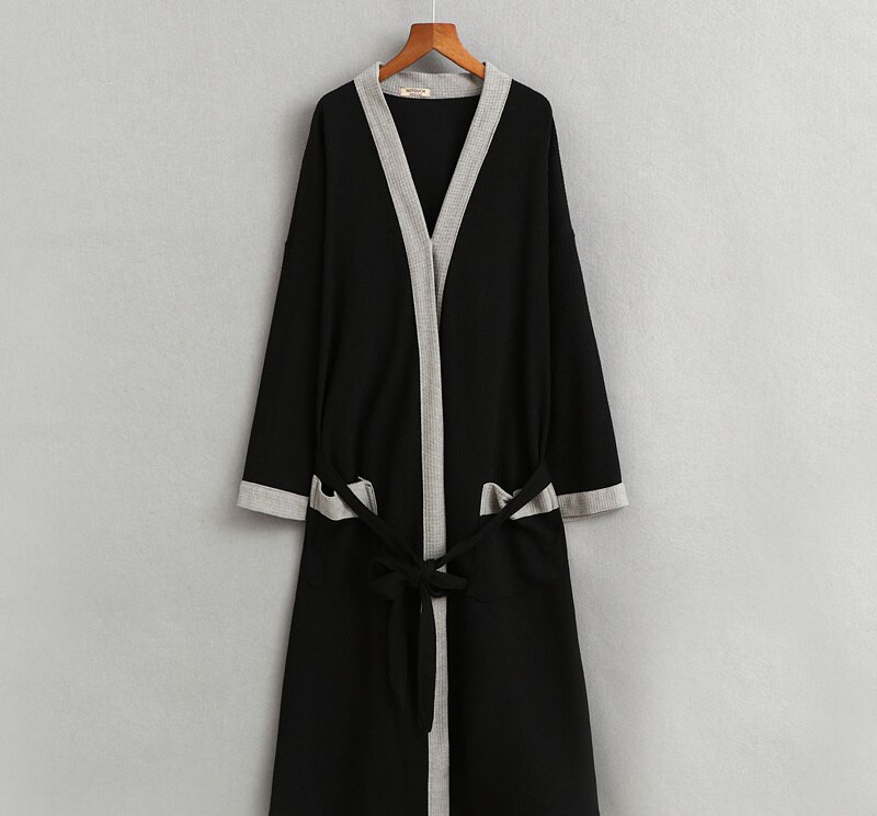 Herre vaffel badekåper morgenkåpe erme fast myk badekåpe peignoir nattkjoler natttøy kimono: Svart / S
