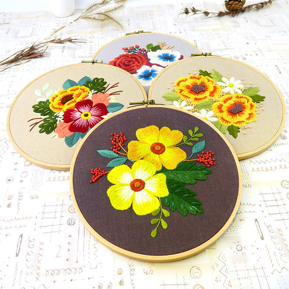 Kit Débutant Broderie Main - 3 Motifs Fleuris, Cerceau Bambou, Fils, Aiguilles - Loisir Créatif Adultes Enfants