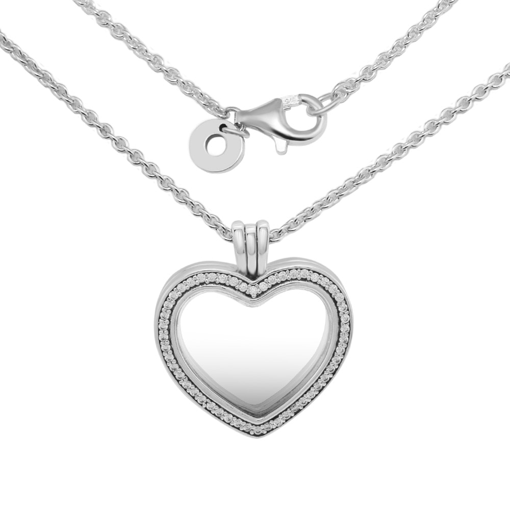 FANDOLA 100% 925 Sterling Silver Jewelry Sparkling Floating Heart Locket Necklace with Pendant Necklaces for Women N069