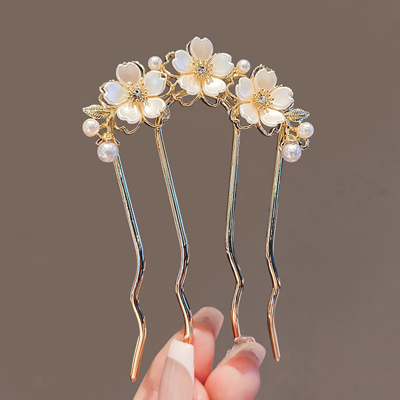 Peinetas para el cabello onduladas con flores y perlas para mujer, horquilla estilo bosque en forma de U, broche para el cabello con cabeza de moño de Metal de alta gama