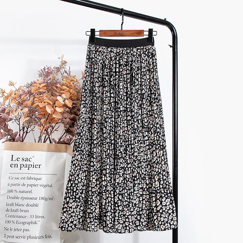Jupe longue plissée en mousseline de soie imprimé léopard pour femmes, printemps, Vintage, ligne A, élastique, taille haute, VD2285: Black