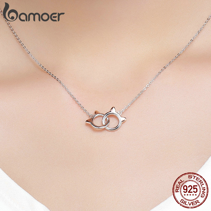 BAMOER-colgante de plata de primera ley con forma de esposas para mujer, collar, Gato, plata esterlina 925, Animal lindo, SCN252