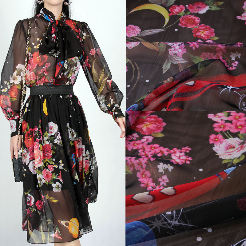 very thin chiffon fabric,planets and rockets printed chiffon fabric,anturm wear women blouse dress transparent thin fabric