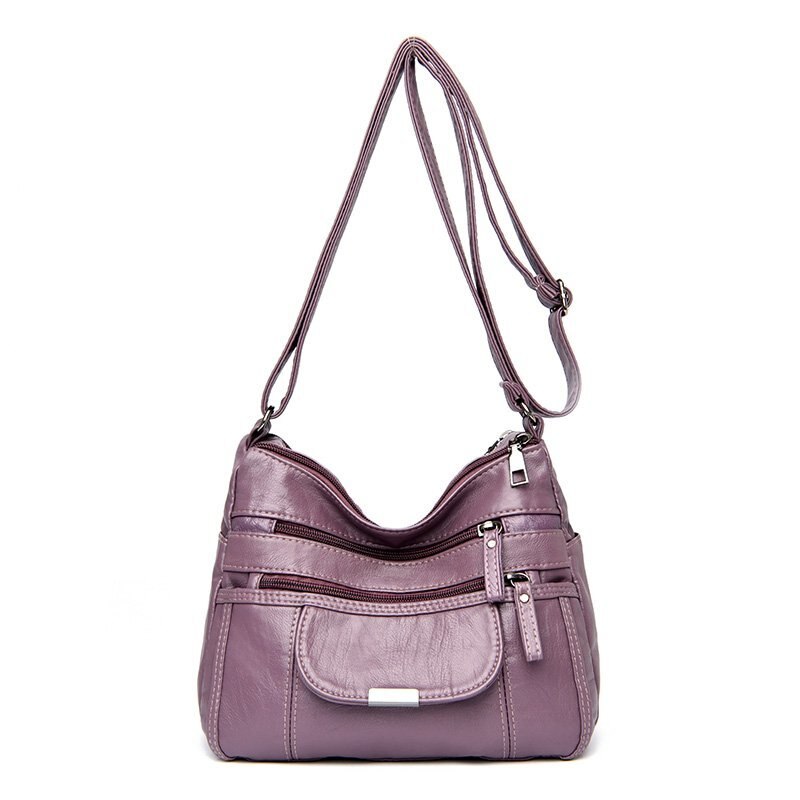 Retro women's bag double zipper shoulder bag soft leather handbag simple messenger bag trend multi-pocket bag: purple