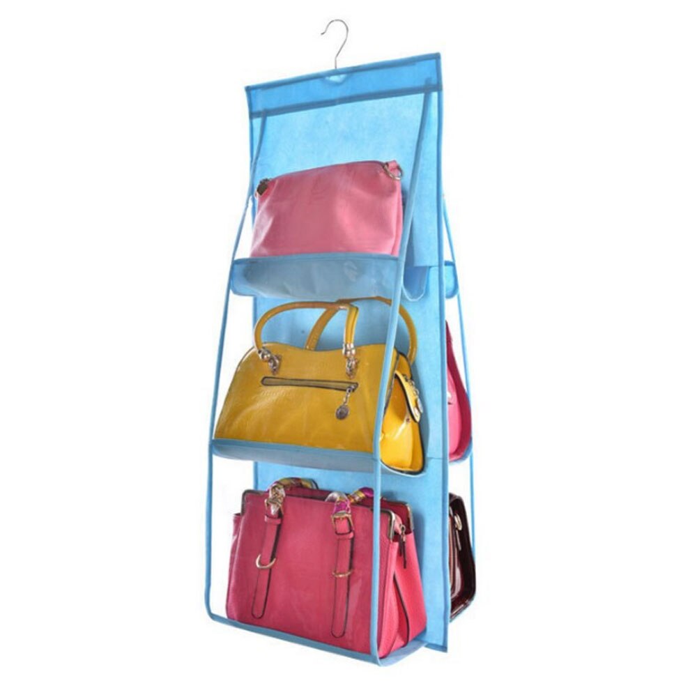 6 lomme hængende håndtaske arrangør til garderobeskab gennemsigtig opbevaringspose dørvæg klar diverse sko taske med bøjlepose: Blå