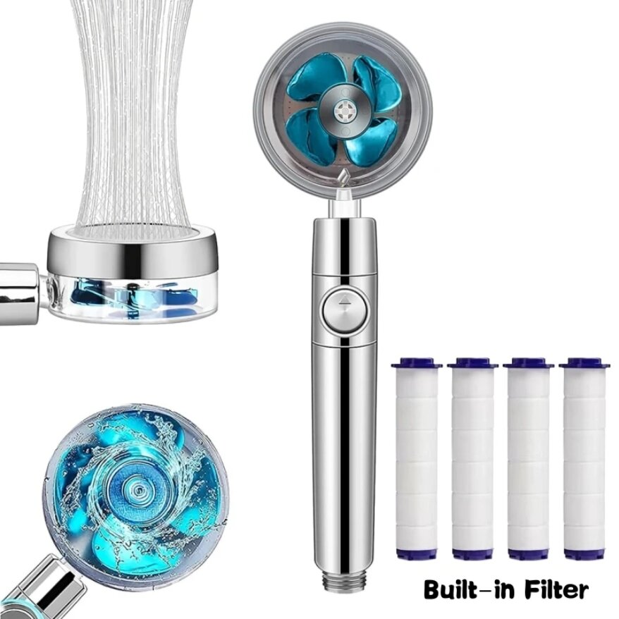 Pommeau de douche avec ventilateur à turbine rotative, filtre, accessoires de salle de bains, pulvérisation à haute pression, économie d'eau, pomme de douche réglable