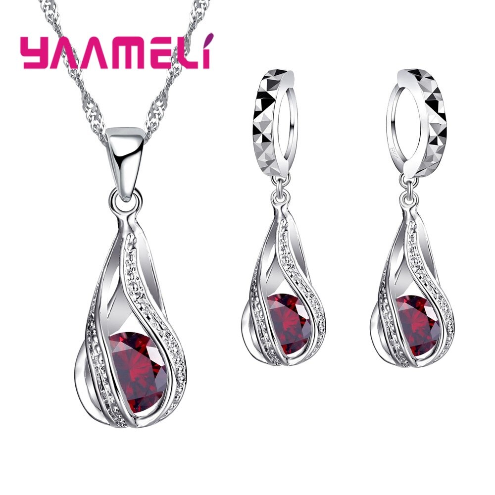 Muliple Colors 925 Sterling Silver Classic Shape Shinning Crystal Jewelry Sets Necklace Pendant Long Earrings Big: red