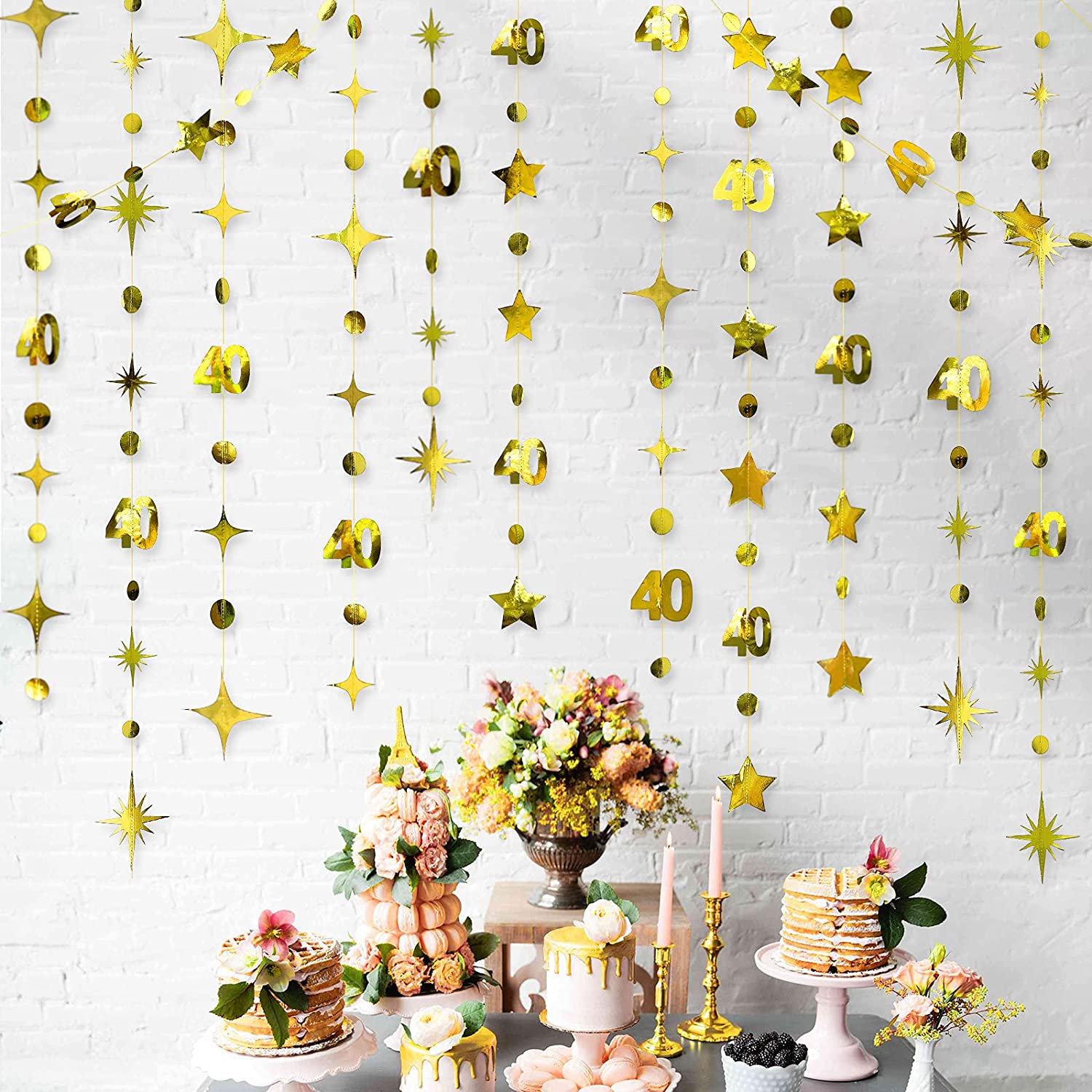 Rose Gold Number 40th Circle Dots Twinkle Star Garlands Hanging Banners for Forty Woman 40st Year Old Birthday Party Decorations: Gold 40th