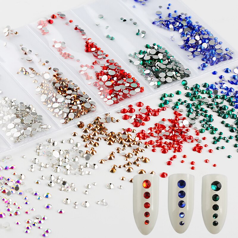 1380pcs Partitie Gemengde Size Glass Nail Strass 6 kleur Kristal Mix Maten Steentjes Voor Nagels Decoraties Strass