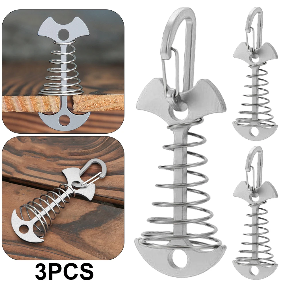3/5/10PCS Spring Fishbone Deck Pegs Tent Stakes Awning Anchor Wind Rope Buckle with Carabiner Deck Fixed Nails Camping Tent Hook: Brown