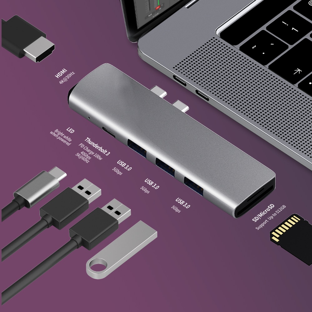 Usb 3.1 Type-C Hub Naar Hdmi Adapter 4K Thunderbolt 3 Usb C Hub Met Hub 3.0 Tf sd Reader Slot Pd Voor Macbook Pro/Air -