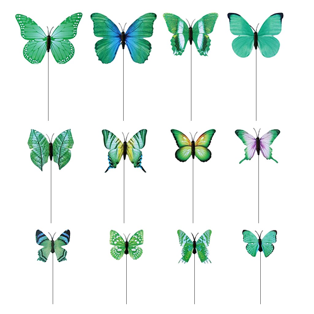 12pcs Colorful Butterfly Stakes Outdoor Yard Garden Flower Pot Decoration Craft Butterfly Stakes Decor Butterfly Stakes: Green as described