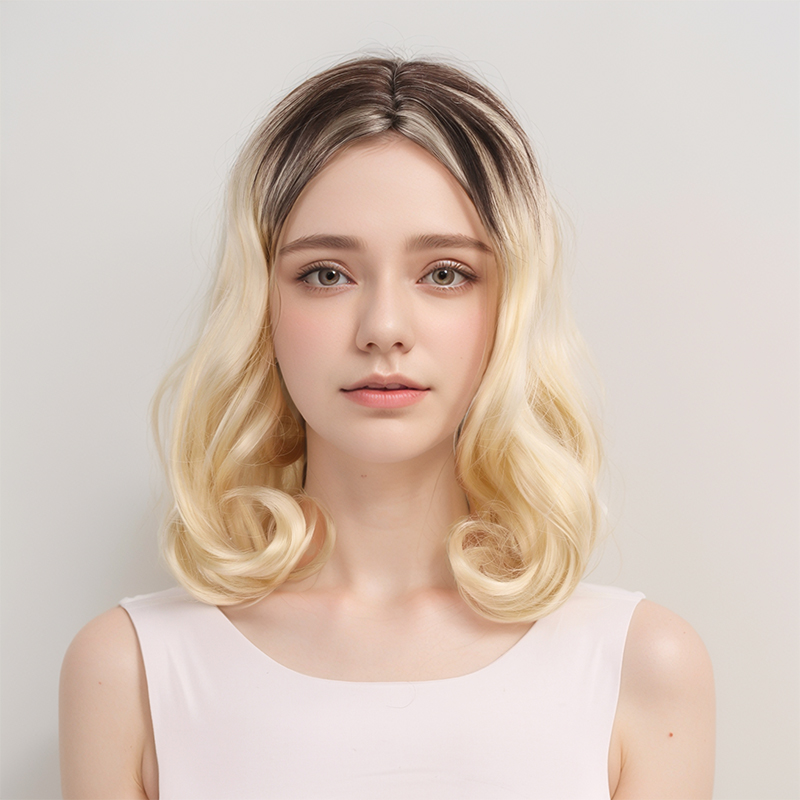 Skulderlangt kort hår litt krøllete hår midtskill gradient brun gull dame utkledningsparykk myk syntetisk varmebestandig og slitesterk egnet for daglig utkledning og fest cosplay-parykk festartikler hårfrisyre utkledning