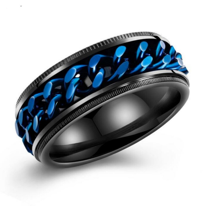 Classic Mannen Ring 8 Mm Cool Black & Blue Spinner Chain Ring Voor Mannen Rvs Draaibare Keten Ring Mannelijke sieraden