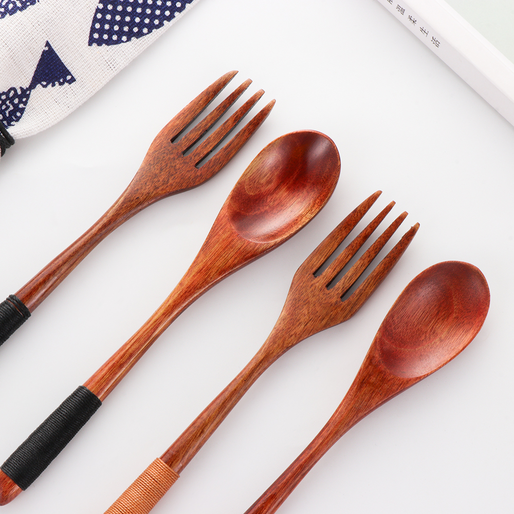 1 SET Pack Tea Scoops Desserts Fruits Serving Travel Dinnerware Suit Spoon Fork Portable Tableware Wooden Cutlery Sets Cloth Bag