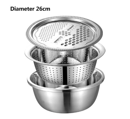 Cuenco multifuncional de acero inoxidable, rallador de verdura y fruta, rebanador, rallador, fregadero, colador de cocina, cuenco de lavado, utensilios de cocina: 26cm
