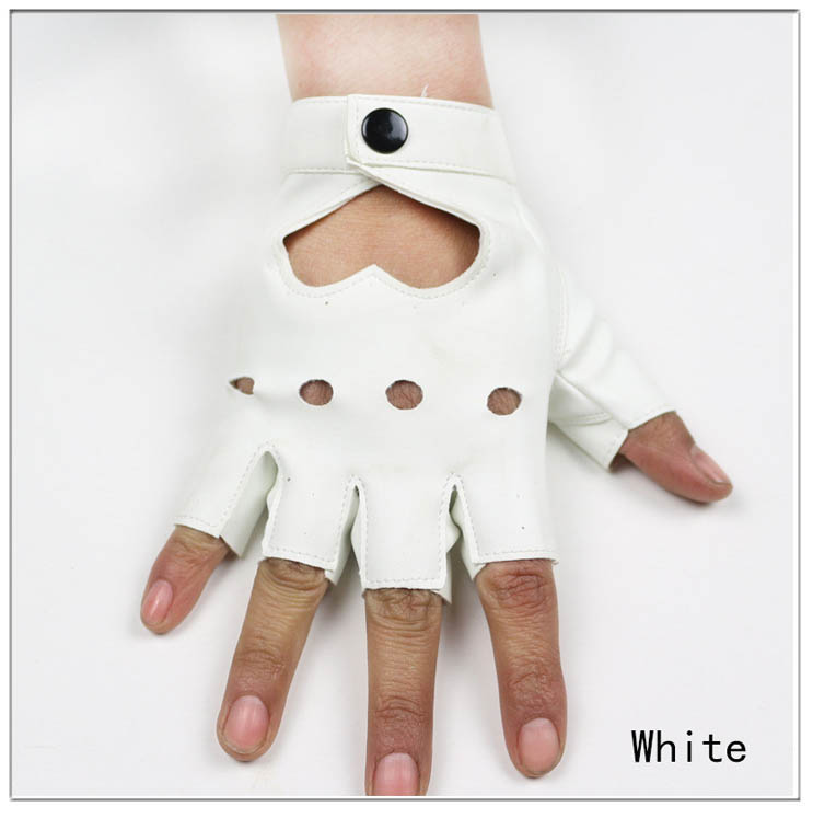 Ninja Women Leather Gloves Fingerless Star Hollow Gloves Party Show Breathable Half Finger Mittens Women: White