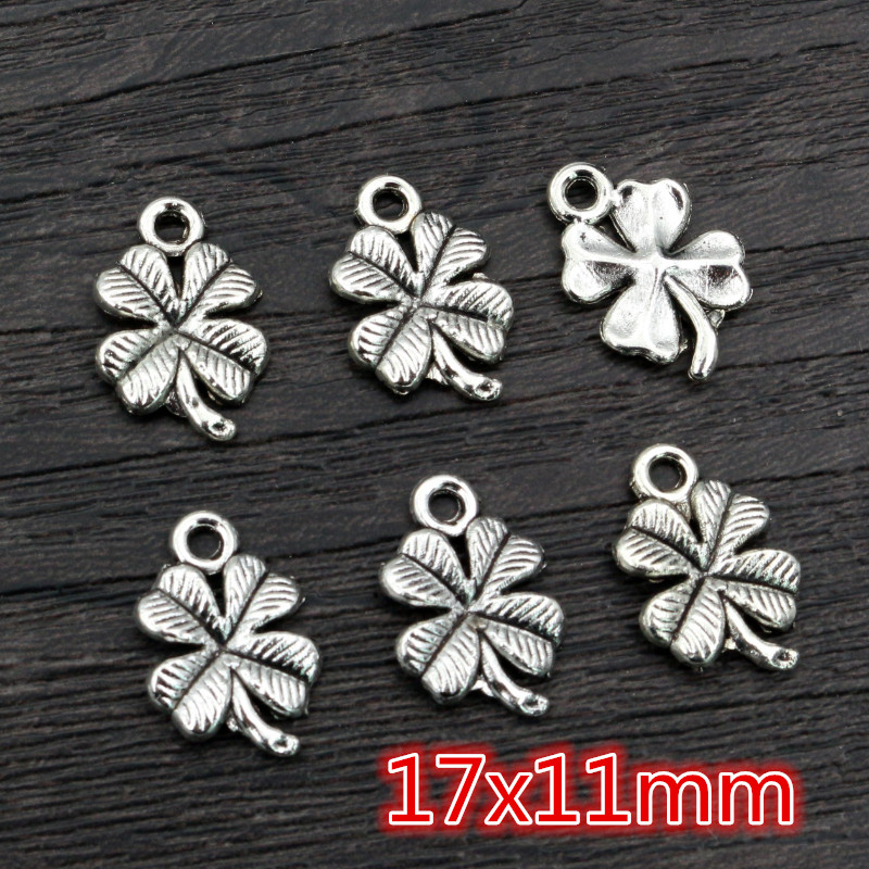 40 pièces Bronze Antique argent plaqué mignon trèfle feuille à la main pendentif à breloques bijoux à bricoler soi-même faisant des accessoires pour bracelet collier: Rhodium plaqué