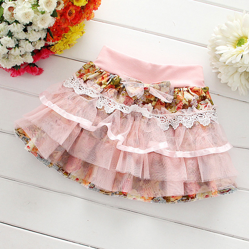 Girls' Printed Mesh Stitching Skirt Summer Style Bow Stretch Pleated Sweet And Cute Princess Children's Floral Skirts WT635