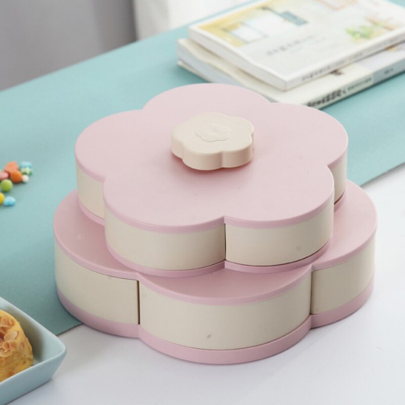 Petal-Shape Rotating Snack Box Candy Drawer Food Storage Box Wedding Candy Plates Double-deck Dried Fruit Folding Snack Bowl: double pink