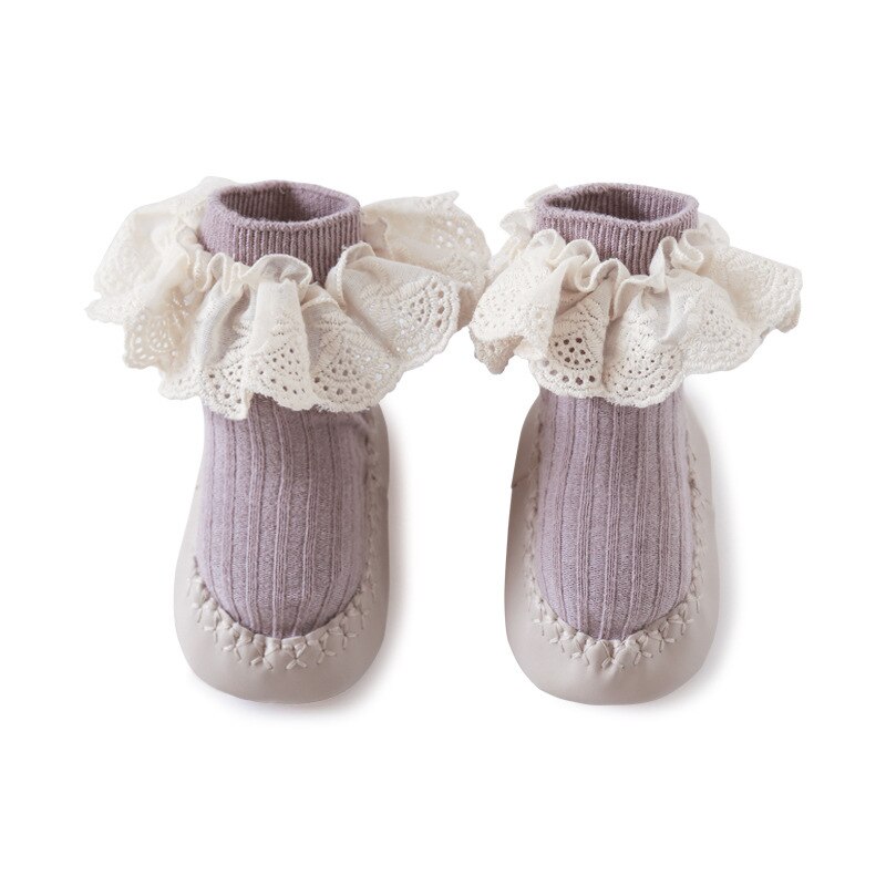 Baby Girls Ruffle Socks With Rubber Soles Infant Sock Newborn Autumn Children Floor Lace Flowers Shoes Anti Slip Soft Sole Sock