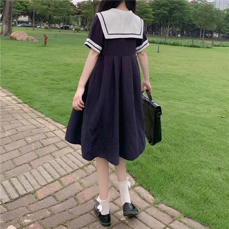 Lolita klänning college stil hög midja marin krage cospaly dam kawaii mellanlång kortärmad klänning