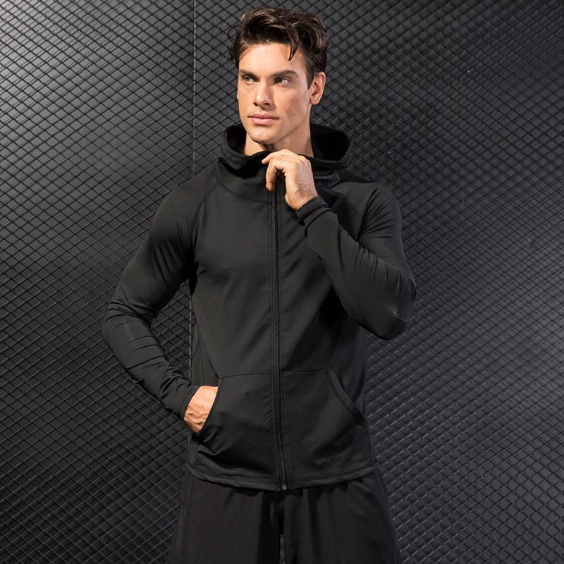 Winter Hooded Compression Sports Jacket Men Shirt Zipper Gym Clothing Men Sportswear Gym Fitness Black Running Jacket
