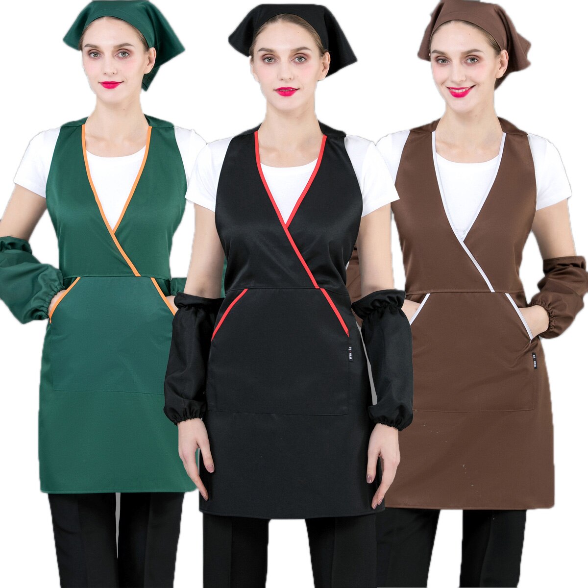 Conjunto de limpieza de cocina a la para mujer, delantal de cocina para Chefs, turbante de trabajo, Mangas de puños portátiles