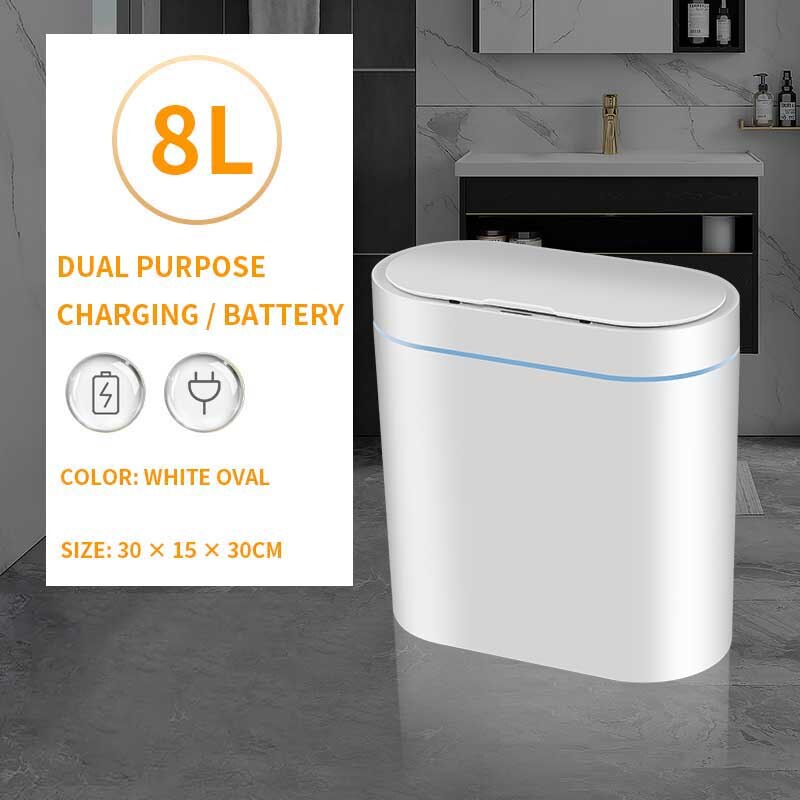 Smart Sensor Trash Bin Household Induction Trash Can Bathroom Waterproof Waste Garbage Bin Toilet Narrow Seam Sensor Rubbish Bin: 8L Charging white