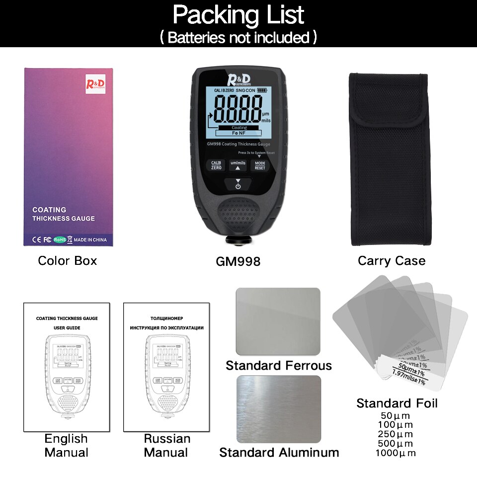 Nouvelle jauge d'épaisseur de revêtement de peinture de voiture noir GM998, testeur d'épaisseur de revêtement métallique électrolytique 0-1500um sonde Fe &amp; NFe